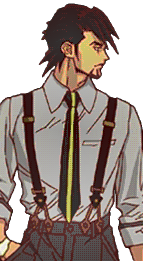 A handsome middle-aged man with spiky hair and a collared shirt with suspenders.