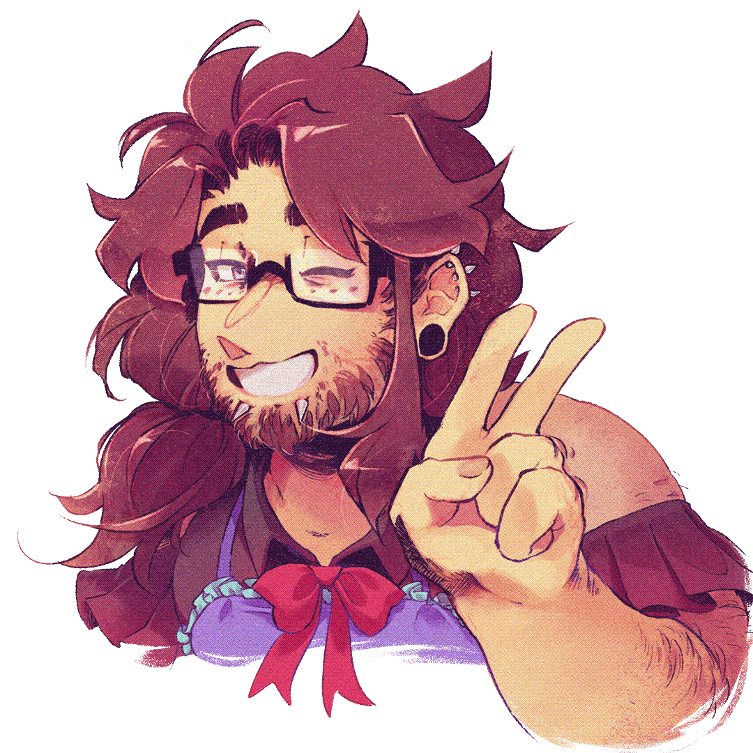 A middle-aged man drawn in anime style. He's got long, fluffy hair, glasses, and a cute face with a patchy goatee. He's dressed in a colourful magical-girl-type outfit and he's making a peace sign.