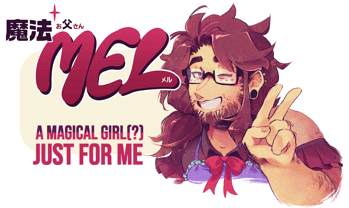A middle-aged man drawn in anime style. He's got long, fluffy hair, glasses, and a cute face with a patchy goatee. He's dressed in a colourful magical-girl-type outfit and he's making a peace sign.