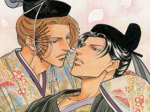 Manga scan of two men in historical Japanese attire holding each other intimately.